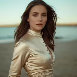 the woman in a white and gold suit stands by the water