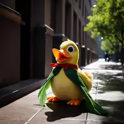 a stuffed bird is on a sidewalk next to buildings