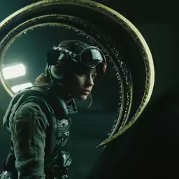 the space ranger looks out the mirror in a futuristic outfit