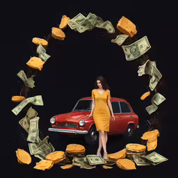 a woman standing in front of a car surrounded by flying money,a woman in yellow posing next to a car and money falling from it