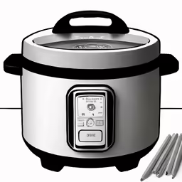 a digital rice cooker with several pieces of rice in front