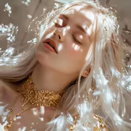 a woman with blonde hair wearing gold necklaces