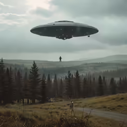 an alien flying over a dirt road in the middle of a forest