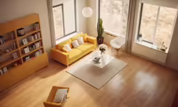 an overhead view shows the living room with yellow couches