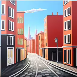 a painted picture of a red building and a white car driving down the road,a painting of city street next to tall buildings,an impressional painting of a street that runs through some buildings,a city street is painted with bright oranges,there is a painting of a narrow street with buildings