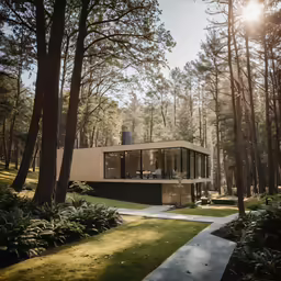 the house is made of concrete and stands in front of a large wooded area