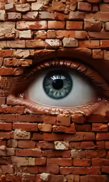 an eye peers over a brick wall