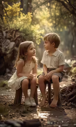 two small children sitting on top of chairs talking