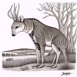 a drawing of an animal in the wild,an antelope standing in front of a tree and another animal eating something