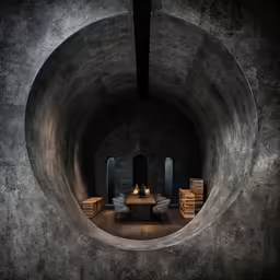 an empty table and chairs in a very large grey stone work space