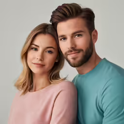 a man and woman are posed with one another