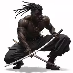 a man kneeling down holding two swords