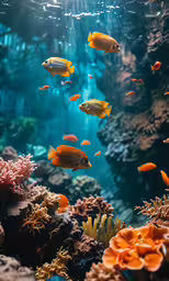 an aquarium with many colorful fish and seaweed