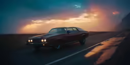 an old school car driving down a road under a cloudy sky