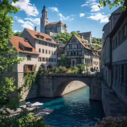 a picturesque city with buildings, a bridge and blue water