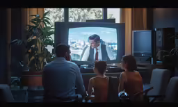 three people sitting around a television set while watching the tv