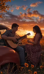 man and woman sitting in a field playing guitars