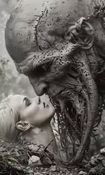 a black and white photo with a woman kissing the head of an alien