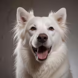 a dog smiles on a light background