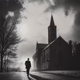 a man is walking down a city street in the snow