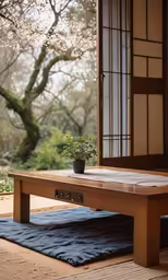 a tea table sitting on top of a wooden floor