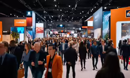 several people walk around the trade show