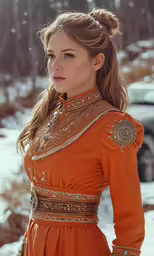 the lady in the orange dress looks into the distance