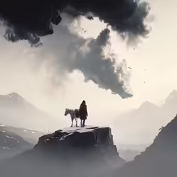 a person standing on top of a mountain next to a horse