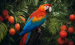 a red and blue macaw perched on a branch of a tree