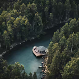the dock is in the middle of a river that is surrounded by trees