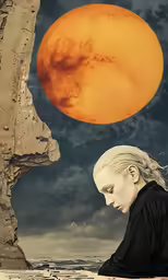 a woman with long hair standing next to the ocean, looking at an orange moon