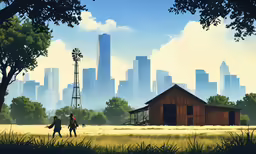 two people are walking through the grass in front of the skyline