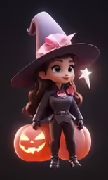 a cute little girl wearing a witch costume and holding a pumpkin
