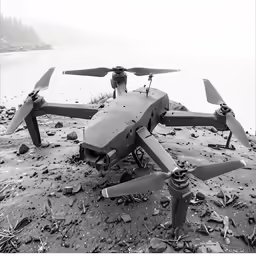 a black and white photo shows a remote controlled plane on the ground