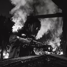 a woman holding a machine in front of fire