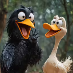 two cartoon characters with beaks looking at each other