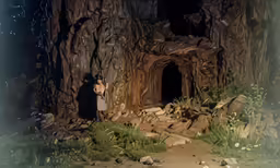 a woman standing in a tree forest in front of an underground rock tunnel
