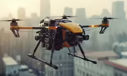 a small yellow and black camera hovering over a city