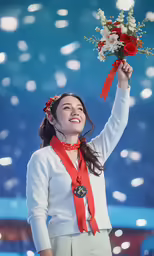 the girl is holding her bouquet while wearing an orange ribbon