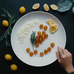 a plate of food with oranges and rice