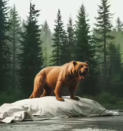 a bear walking on top of a covered area near a body of water
