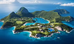 an island with two smaller islands and a swimming pool in the middle