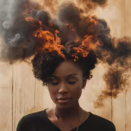 a woman with her hands on her hips with a burning piece of paper in her hair