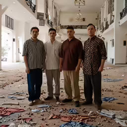 three men standing near each other while they are littered with clothes