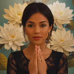a woman is sitting and holding her hands up with both hands, in front of a flower pattern
