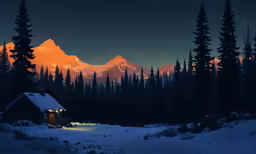 a cabin in the snow with mountains in the background