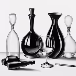 a drawing of various bottle and wine glass