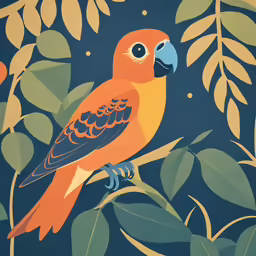 a picture of an orange bird on a branch with leaves