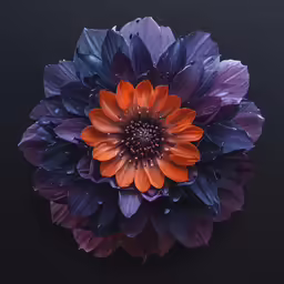 a close - up photo of a single purple and orange flower