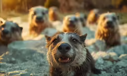 a group of dogs standing on top of a stone covered field